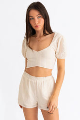 White Lace Puff Sleeve Crop Top