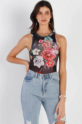 Black Mesh Floral Print Sleeveless Bodysuit – Slim Fit Sheer Top