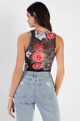 Black Mesh Floral Print Sleeveless Bodysuit – Slim Fit Sheer Top