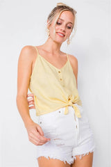 Lemon Yellow V-Neck Button Down Cami Top with Tie Front