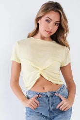 Yellow Twist Front Round Neck Short Sleeve Crop Top