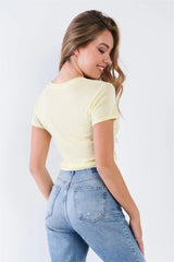 Yellow Twist Front Round Neck Short Sleeve Crop Top