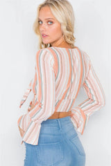 Peach Striped Cotton Surplus V-Neck Crop Top with Tie Front and Flounce Sleeves