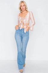 Peach Striped Cotton Surplus V-Neck Crop Top with Tie Front and Flounce Sleeves