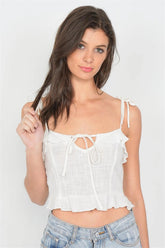 Off-White Cotton Self-Tie Cami Top with Bow Cut-Out and Frill Trim