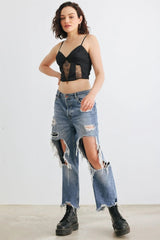 Black Satin Lace Sleeveless V-Neck Crop Top with Smocked Back