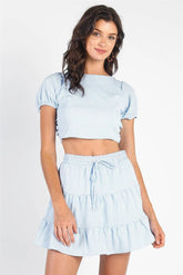 Light Blue & White Plaid Crop Top with Puff Sleeves and High Waist Flare Skirt Set