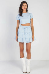 Light Blue & White Plaid Crop Top with Puff Sleeves and High Waist Flare Skirt Set