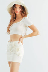 Off-White Round Neck Short Sleeve Crop Top