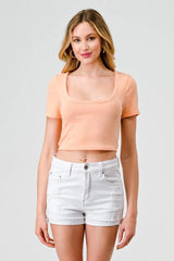 Peach Short Sleeve Knit Crop Top with Square Neckline
