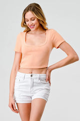 Peach Short Sleeve Knit Crop Top with Square Neckline