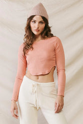 Peach Textured Long Sleeve Crop Top with Curved Hem