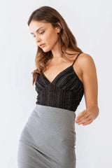 Black Shiny Mesh Ruched Sleeveless V-Neck Bodysuit