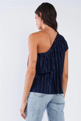 Navy Satin Crinkle One-Shoulder Ruffle Top