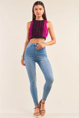 Magenta & Black Crochet Trim Sleeveless Racerback Crop Top