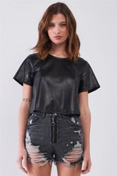 Black Vegan Leather Round Neck Wide Sleeve Cropped Top with Laser Cut Detail
