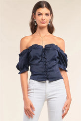 Royal Blue Satin Off-Shoulder Corset Lace-Up Ruffle Top