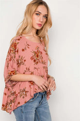 Peach Floral Print High-Low Round Neck Loose Fit Top