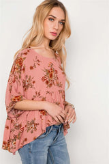 Peach Floral Print High-Low Round Neck Loose Fit Top