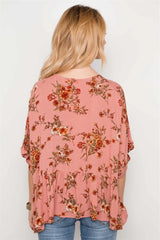 Peach Floral Print High-Low Round Neck Loose Fit Top