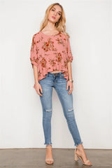 Peach Floral Print High-Low Round Neck Loose Fit Top