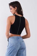 Black & White Sleeveless Plaid Crop Top with Glitter Trim