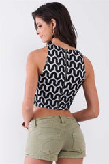 Black & White Weave Pattern Sleeveless Round Neck Crop Top with Back Zip