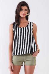 Black & White Striped Sleeveless Knit Top with Pleated Front and Crochet Back Trim