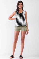 Black & White Striped Sleeveless Knit Top with Pleated Front and Crochet Back Trim