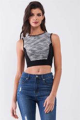 Black & White Knit Trim Sleeveless Round Neck Crop Top with Back Zip