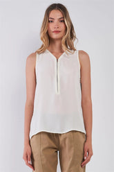 Off-White Sleeveless V-Neck Zip-Up Top – Minimalist Relaxed Fit Blouse