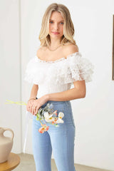 White Off-Shoulder Ruffle Lace Crop Top