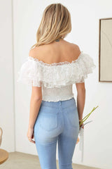 White Off-Shoulder Ruffle Lace Crop Top