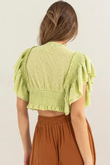 Smocked Lace Ruffle Sleeve Front Button Crop Top