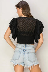 Smocked Lace Ruffle Sleeve Front Button Crop Top