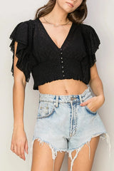 Smocked Lace Ruffle Sleeve Front Button Crop Top