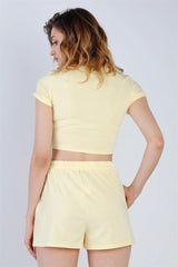 Yellow Short Sleeve Crop Top with Tie Hem & High Waist Shorts Set