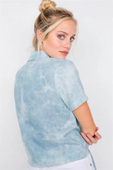 Blue Tie-Dye V-Neck Short Sleeve Crop Top with Front Knot