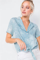 Blue Tie-Dye V-Neck Short Sleeve Crop Top with Front Knot