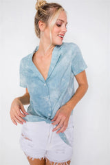 Blue Tie-Dye V-Neck Short Sleeve Crop Top with Front Knot