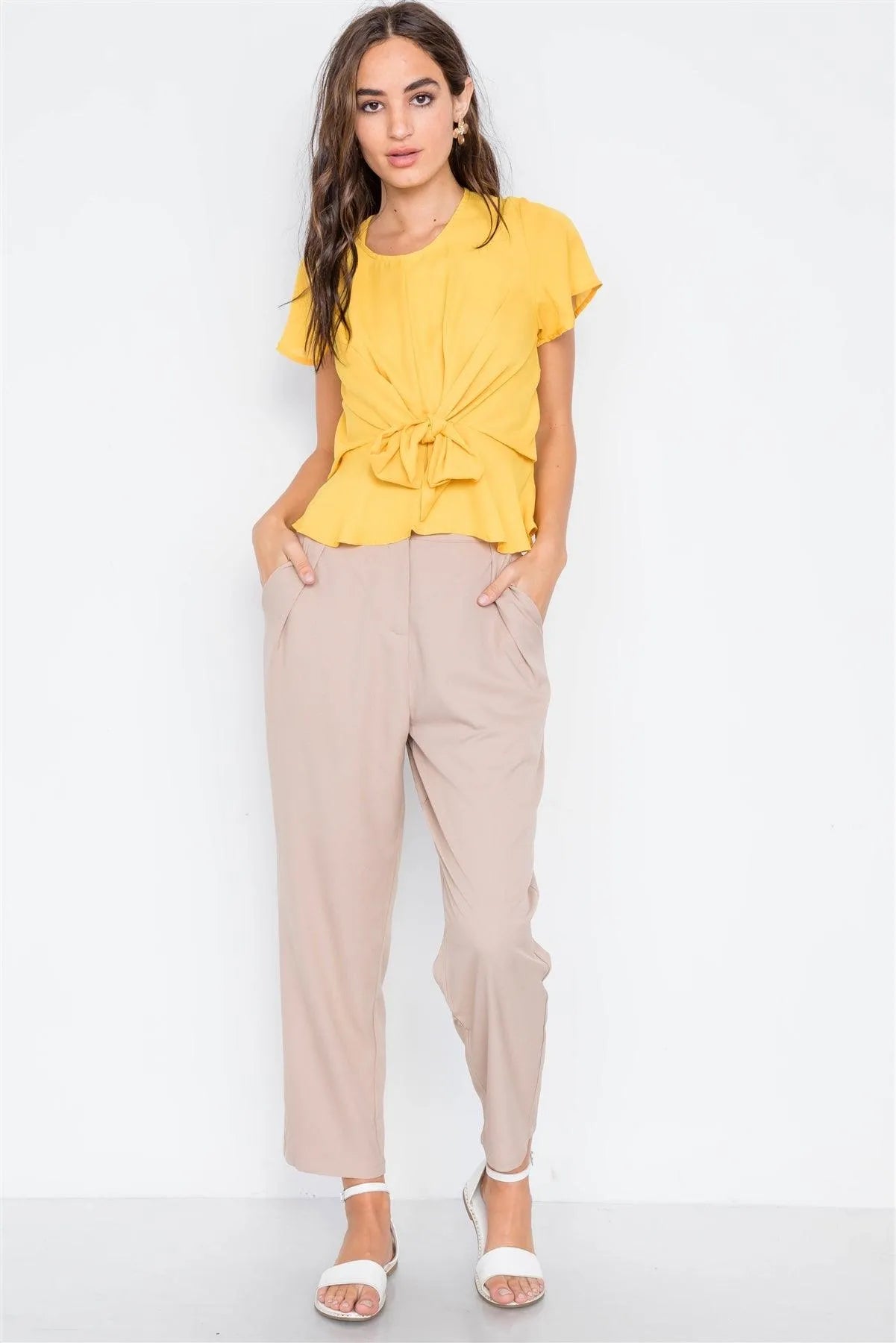 Yellow Chiffon Blouse with Tie-Front & Butterfly Sleeves