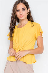 Yellow Chiffon Blouse with Tie-Front & Butterfly Sleeves