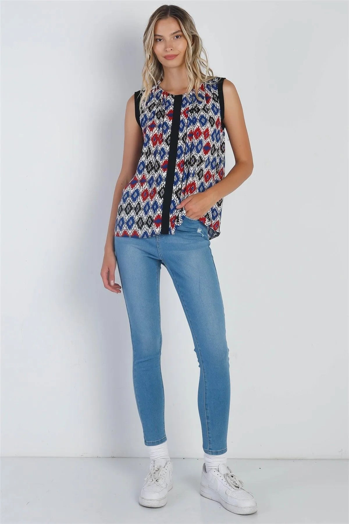 Red Multi-Color Geometric Print Sleeveless Loose Fit Top