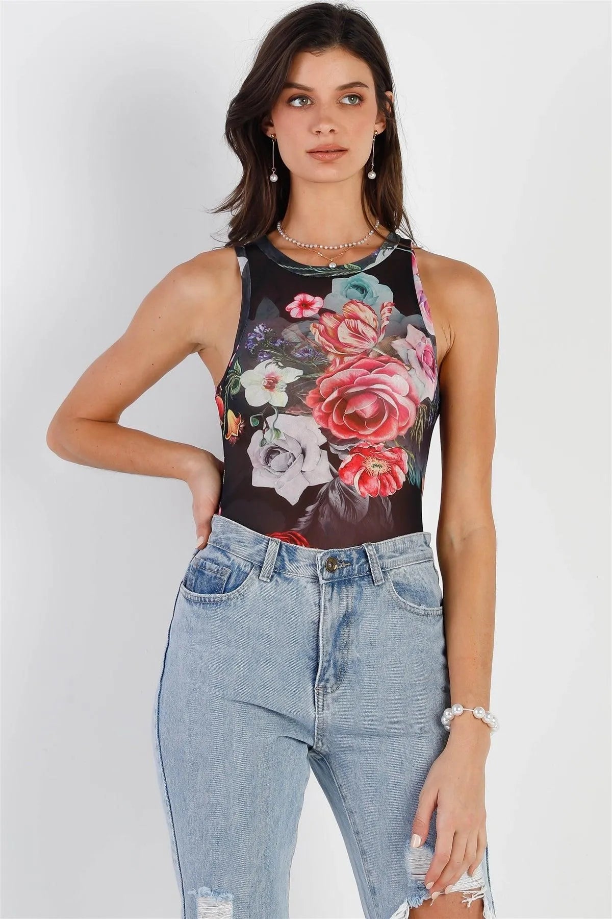 Black Mesh Floral Print Sleeveless Bodysuit – Slim Fit Sheer Top
