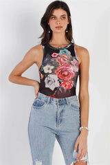Black Mesh Floral Print Sleeveless Bodysuit – Slim Fit Sheer Top