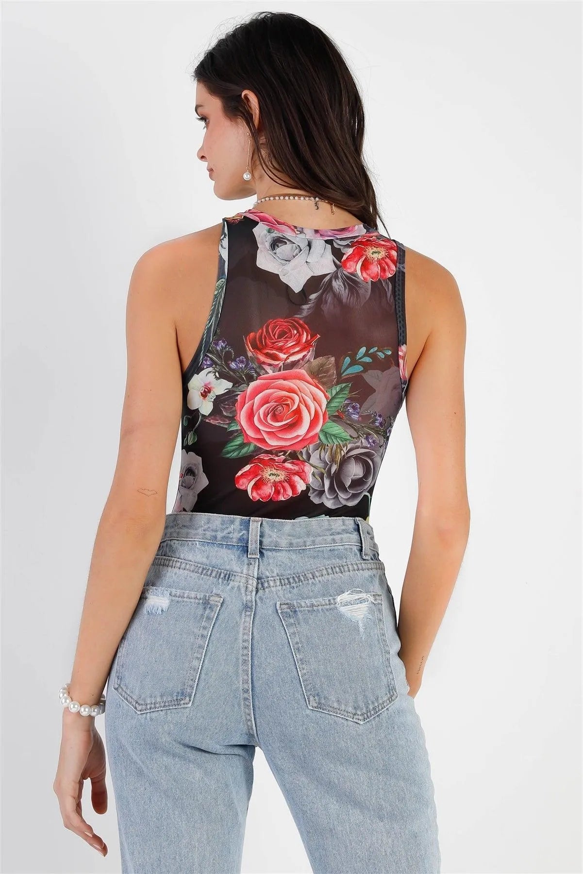 Black Mesh Floral Print Sleeveless Bodysuit – Slim Fit Sheer Top