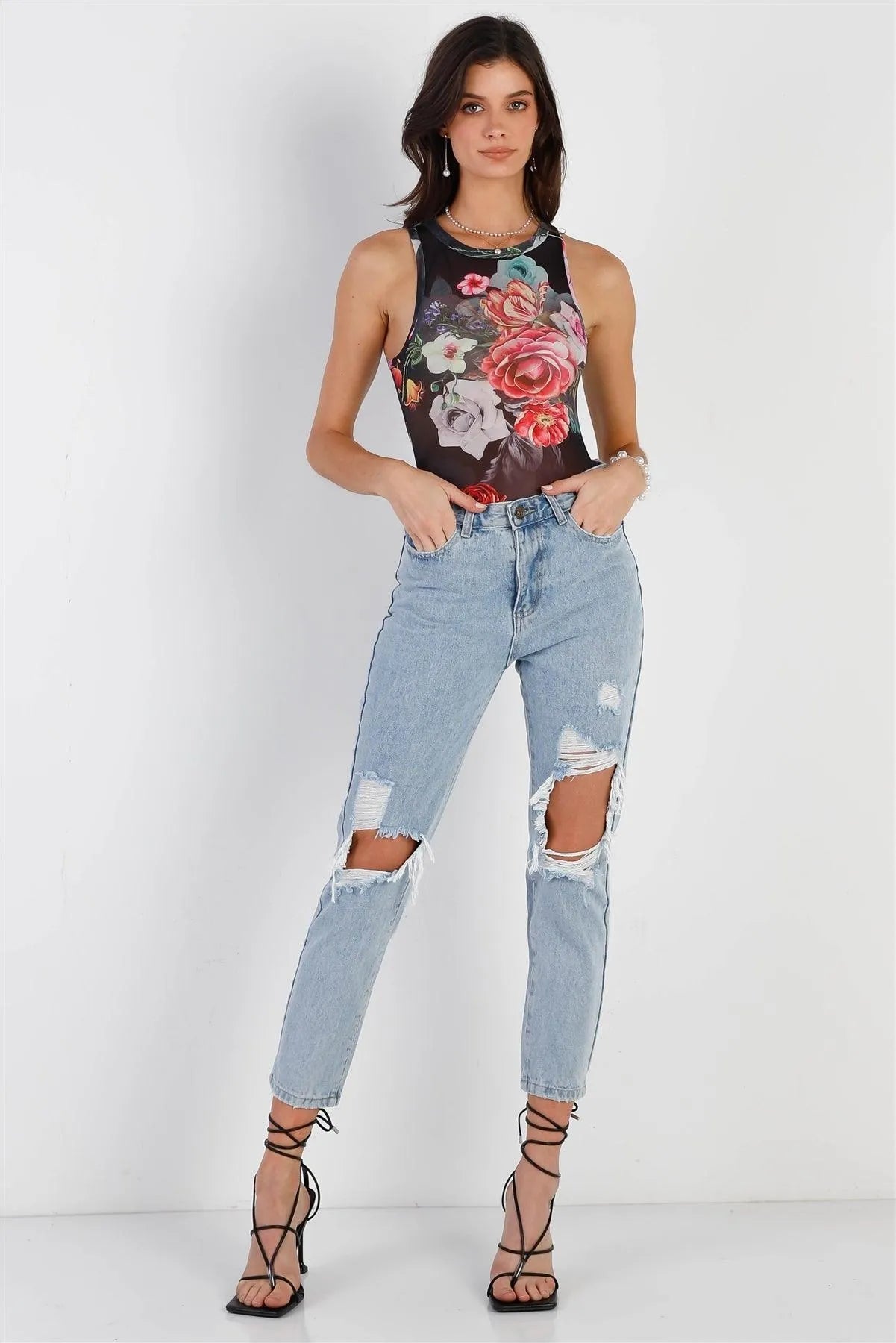 Black Mesh Floral Print Sleeveless Bodysuit – Slim Fit Sheer Top