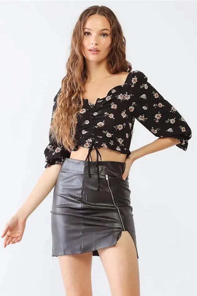 Black Floral Ruffle Ruched Crop Top