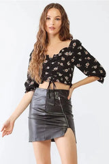 Black Floral Ruffle Ruched Crop Top
