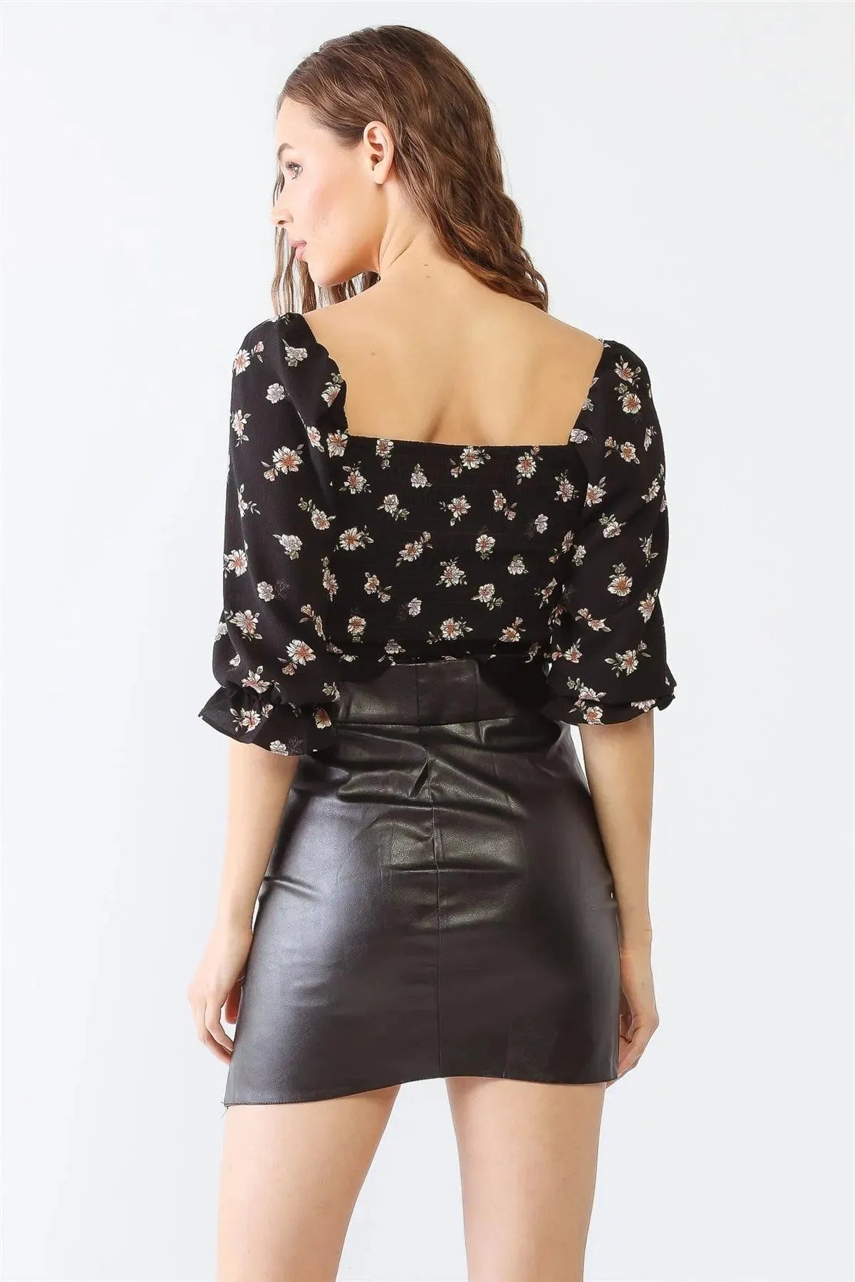 Black Floral Ruffle Ruched Crop Top